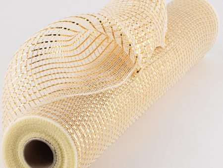 21  Poly Deco Mesh: Wide Foil Metallic Gold With Cream on Sale