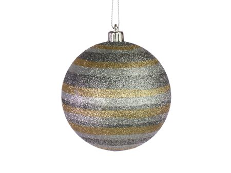 100MM Horizontal Stripe Glitter Ball Ornament: Pewter, Silver, Gold Hot on Sale