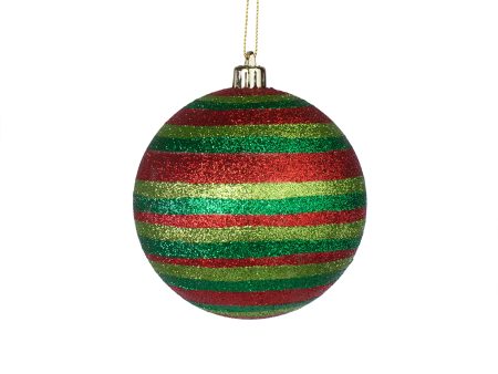 100MM Horizontal Stripe Glitter Ball Ornament: Red, Lime, Emerald Sale