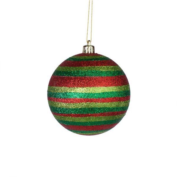 100MM Horizontal Stripe Glitter Ball Ornament: Red, Lime, Emerald Sale