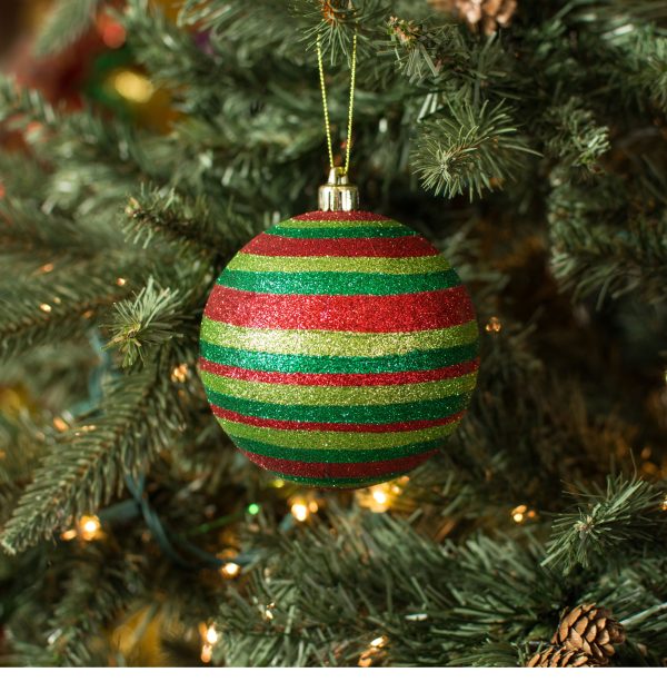 100MM Horizontal Stripe Glitter Ball Ornament: Red, Lime, Emerald Sale