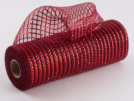 10  Poly Deco Mesh: Wide Foil Metallic Red With Burgundy Hot on Sale