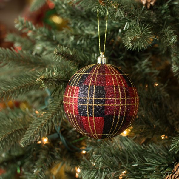 100MM Glitter Plaid Ball Ornament: Red, Burgundy, Gold Supply