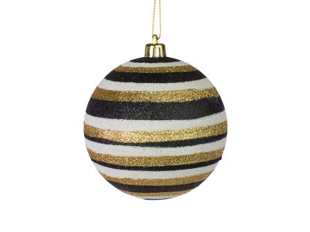 100MM Horizontal Stripe Glitter Ball Ornament: Black, Gold, White Online Sale