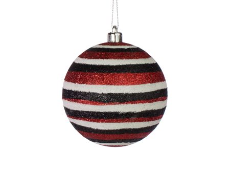 100MM Horizontal Stripe Glitter Ball Ornament: Red, Black, White Sale