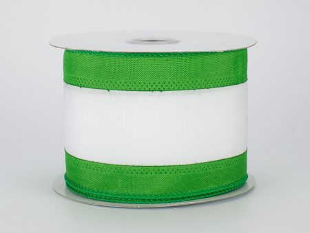 2.5  Satin Team Stripe Ribbon: Lime Green & White (10 Yards) For Sale