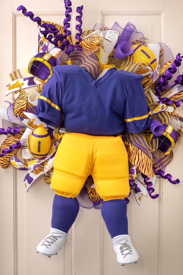 Plush Football Player Wreath Accent: Purple, Yellow, White For Sale