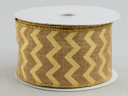 2.5  Sand Brown Canvas Ribbon With Metallic Gold Chevron Pattern (10 yards) Cheap