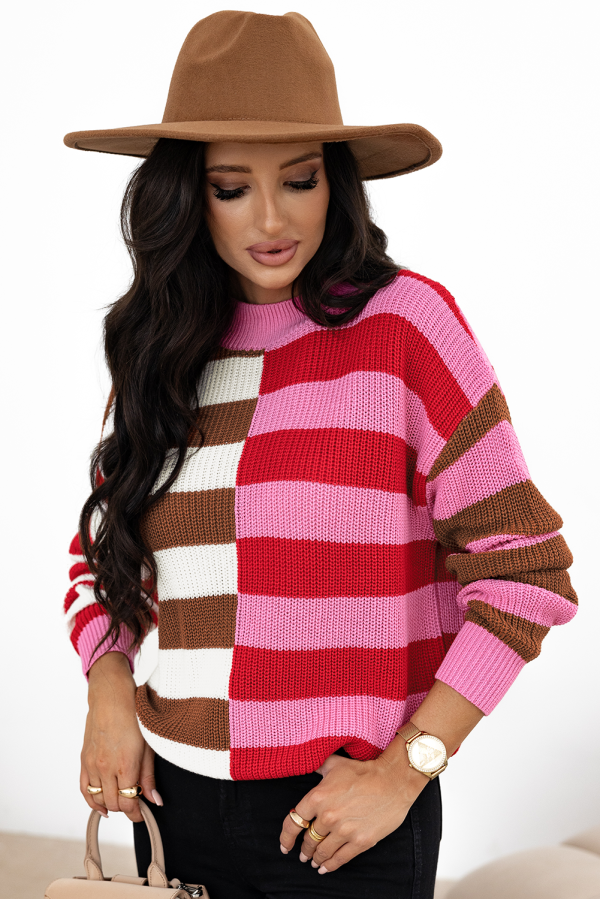 Pink Stripe Color Block High Neck Drop Shoulder Loose Sweater Online