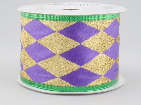 2.5  Mardi Gras Glitter Satin Harlequin Ribbon: Purple, Gold and Green (10 Yards) For Sale