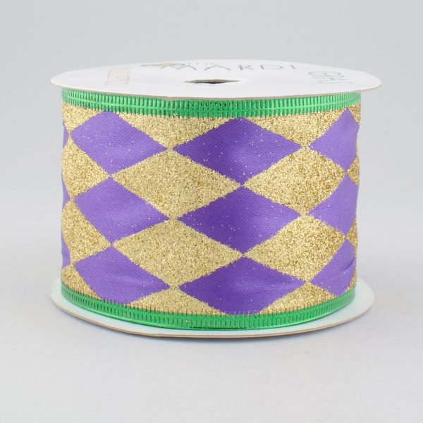 2.5  Mardi Gras Glitter Satin Harlequin Ribbon: Purple, Gold and Green (10 Yards) For Sale