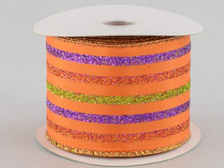 2.5  Halloween Vertical Stripe Ribbon: Lime Purple Orange (10 Yards) Online now