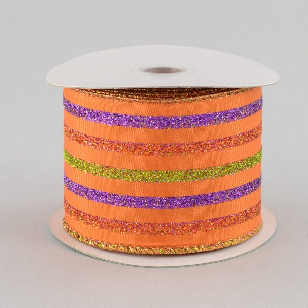 2.5  Halloween Vertical Stripe Ribbon: Lime Purple Orange (10 Yards) Online now