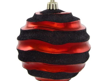 100MM Groove Horizontal Stripe Metallic Ball Ornament: Red & Glitter Black For Sale