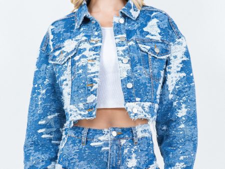 American Bazi Jacquard Trim Cropped Denim Jacket Discount