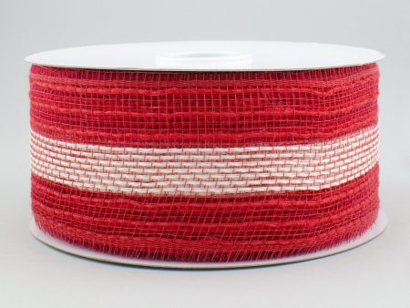 2.5  Poly Jute Deco Mesh Ribbon: Red & Ivory Wide Stripe (25 Yards) on Sale