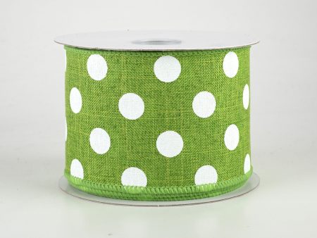 2.5  Linen Polka Dot Ribbon: White on Lime Green (10 Yards) Fashion