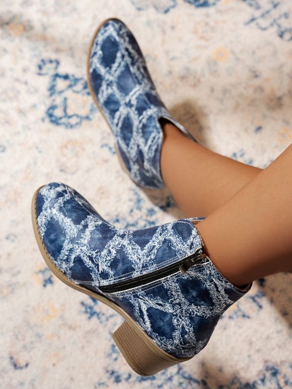 Printed Block Heel Boots with Side Zip For Discount