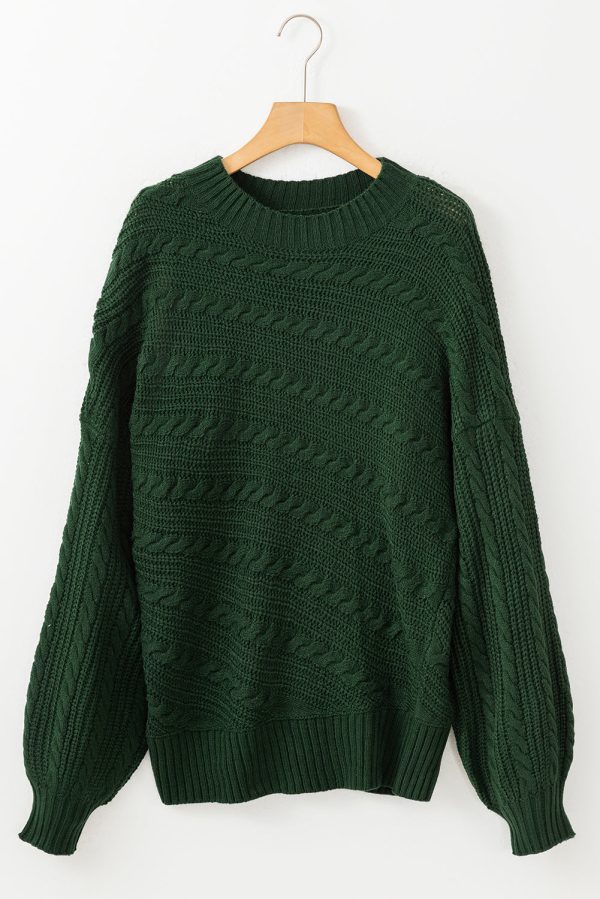 Blackish Green Mock Neck Lantern Sleeve Cable Knit Sweater For Sale