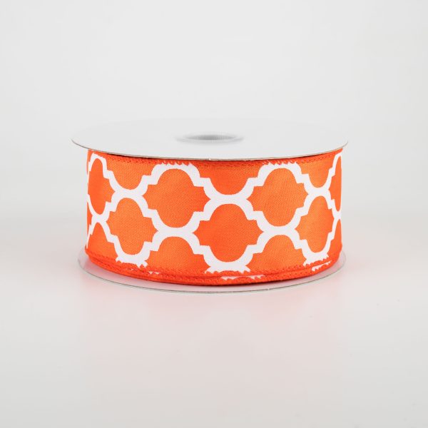 1.5  Satin Quatrefoil Lattice Ribbon: Orange & White (10 Yards) For Sale