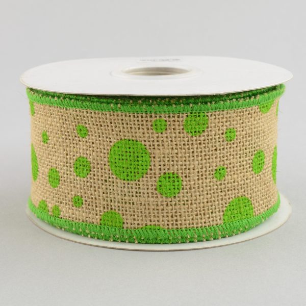 2.5  Burlap Polka Dot Ribbon: Lime Green (10 Yards) Fashion