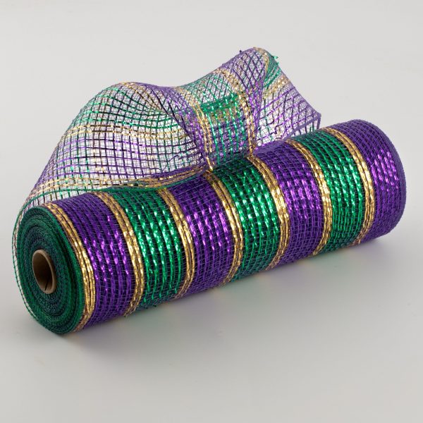 10  Poly Deco Mesh: Metallic Purple, Green & Gold Stripes (10 Yards) Online