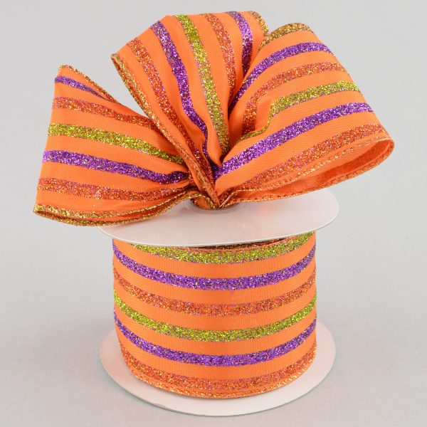 2.5  Halloween Vertical Stripe Ribbon: Lime Purple Orange (10 Yards) Online now