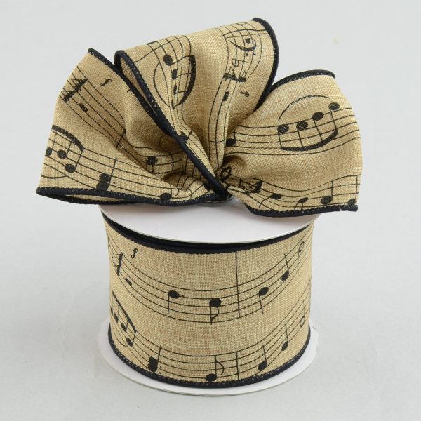 2.5  Canvas Ribbon Beige With Black Music Notes (10 Yards) For Cheap