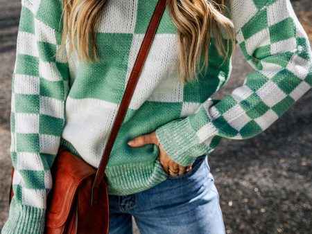 Mint Green Checkered Print Drop Shoulder Sweater Hot on Sale