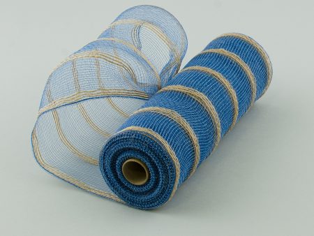 10  Burlap Deco Mesh: Denim Blue & Thin Jute Stripe (10 Yards) Online now