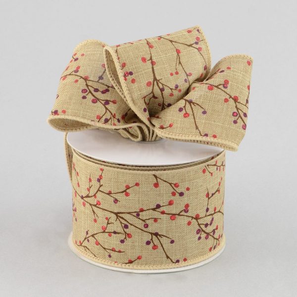 2.5  Faux Linen Berry Branch Ribbon (10 Yards) Sale