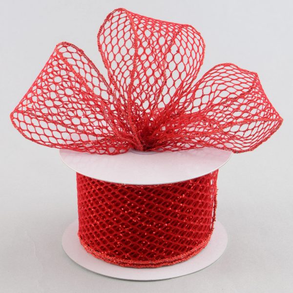 2.5  Red Velvet & Glitter Fishnet Ribbon (10 Yards) on Sale