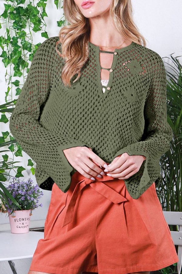 Vineyard Green Open Knit Buttoned Neck Split Sleeve Sweater Online Hot Sale