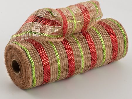 10  Poly Jute Deco Mesh: Natural & Metallic Red Lime Green Pinstripe (10 Yards) Online