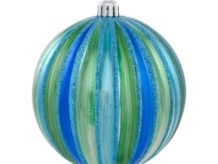 100MM Round Vertical Stripe Metallic Ball Ornament: Blue, Green & Turquoise Stripe Hot on Sale