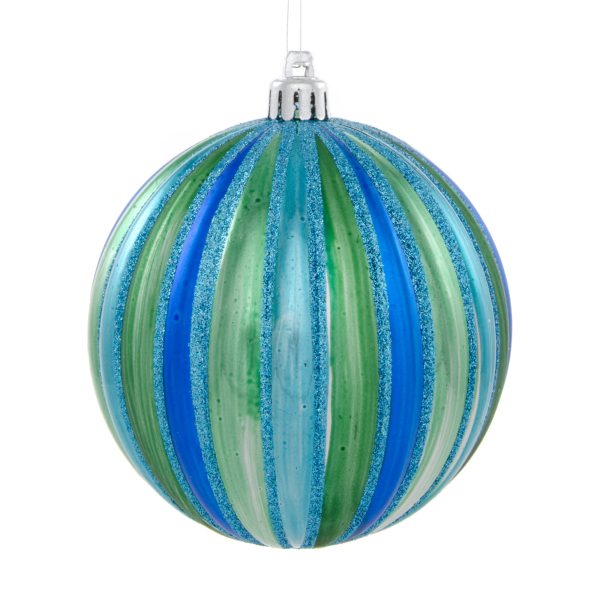 100MM Round Vertical Stripe Metallic Ball Ornament: Blue, Green & Turquoise Stripe Hot on Sale