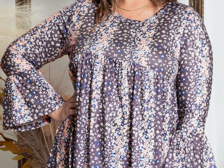 Purple Floral Print Round Neck Plus Size Babydoll Blouse Fashion