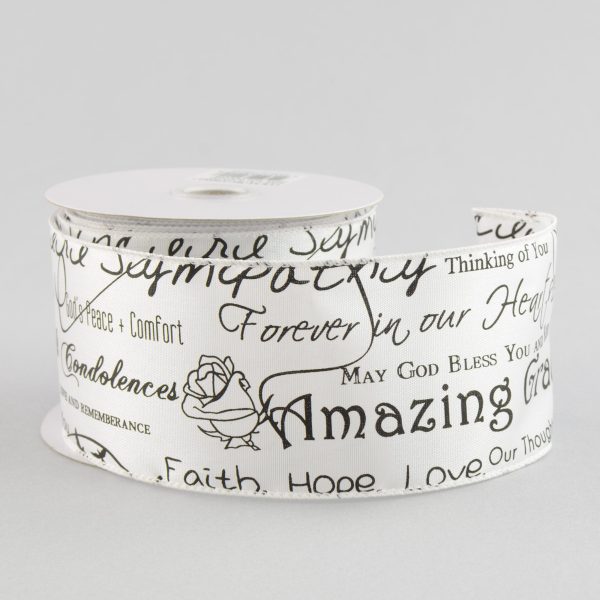 2.5  Sympathy Print White Satin Ribbon (10 Yards) For Sale