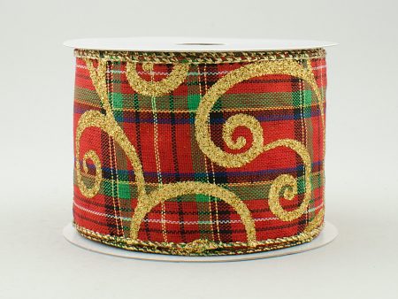 2.5  Metallic Gold Swirl Red Plaid Ribbon (10 Yards) Online Hot Sale