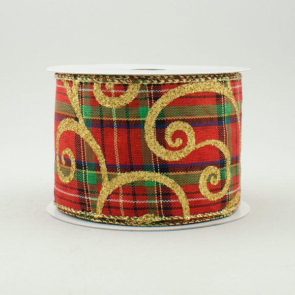 2.5  Metallic Gold Swirl Red Plaid Ribbon (10 Yards) Online Hot Sale