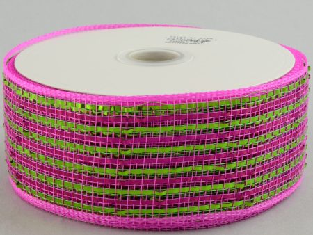 2.5  Poly Deco Mesh Ribbon: Deluxe Wide Foil Lime Pink Stripe Sale