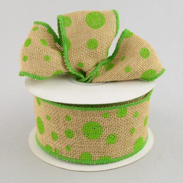 2.5  Burlap Polka Dot Ribbon: Lime Green (10 Yards) Fashion