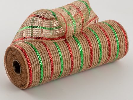 10  Poly Jute Deco Mesh: Natural & Emerald Red Metallic Stripe (10 Yards) Discount