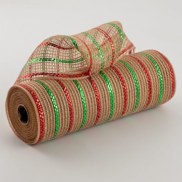 10  Poly Jute Deco Mesh: Natural & Emerald Red Metallic Stripe (10 Yards) Discount