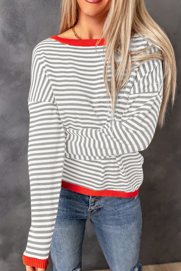 Gray Contrast Trimmed Striped Drop Shoulder Sweater Online now