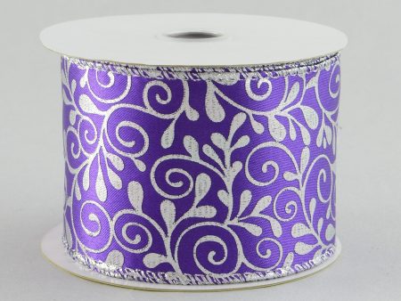 2.5  Purple & Silver Floral Leaf Ribbon (10 Yards) Online Hot Sale