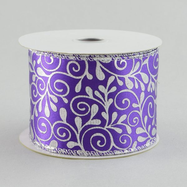 2.5  Purple & Silver Floral Leaf Ribbon (10 Yards) Online Hot Sale