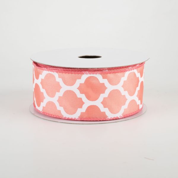 1.5  Satin Quatrefoil Lattice Ribbon: Coral & White (10 Yards) Online