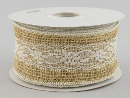 2.5  Burlap & White Lace Ribbon (10 Yards) For Sale