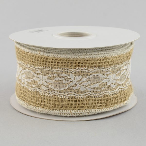 2.5  Burlap & White Lace Ribbon (10 Yards) For Sale